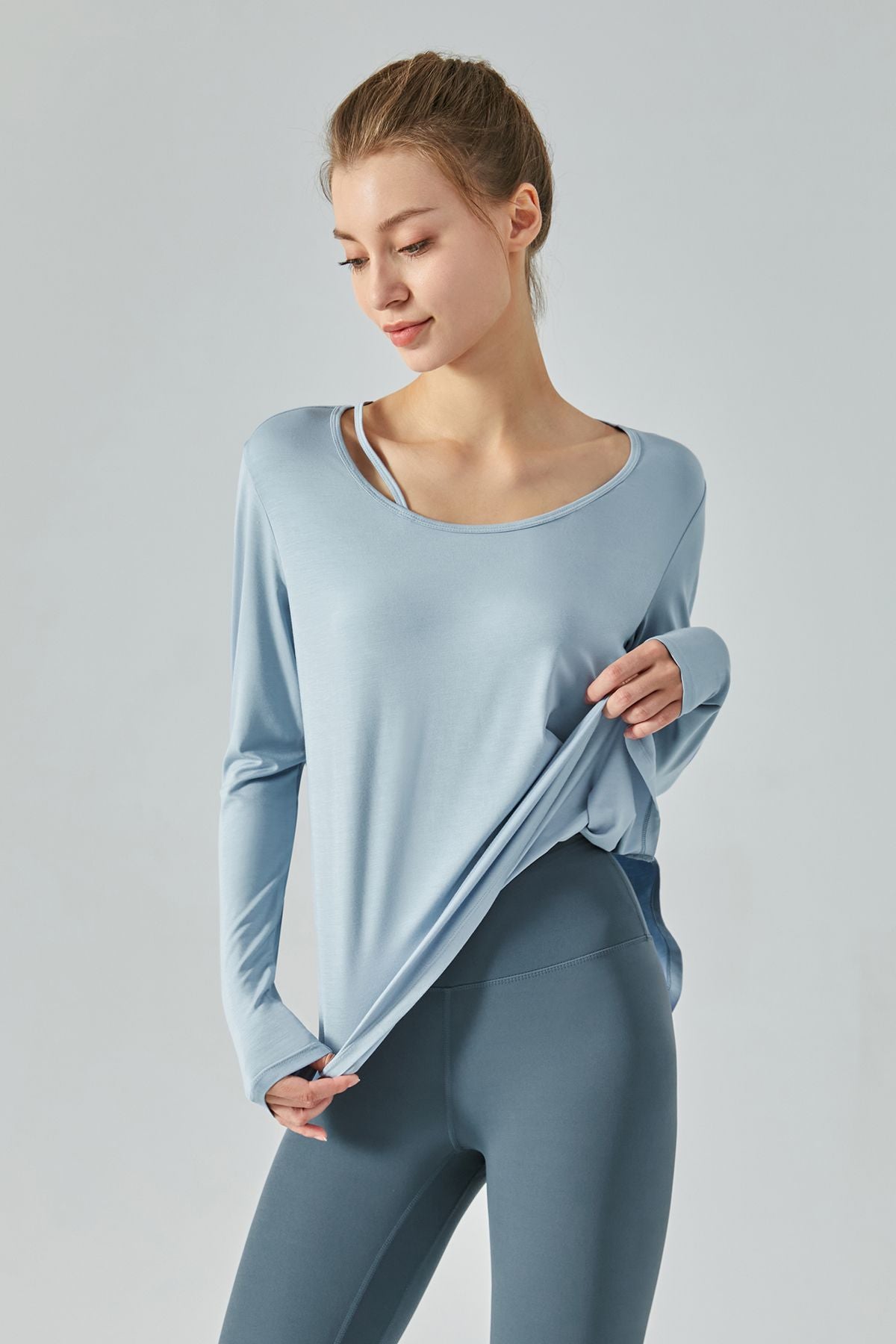 Chic Crew Neck Long Sleeve Curved Hem Tops by bornfocus