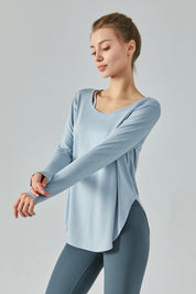 Chic Crew Neck Long Sleeve Curved Hem Tops by bornfocus