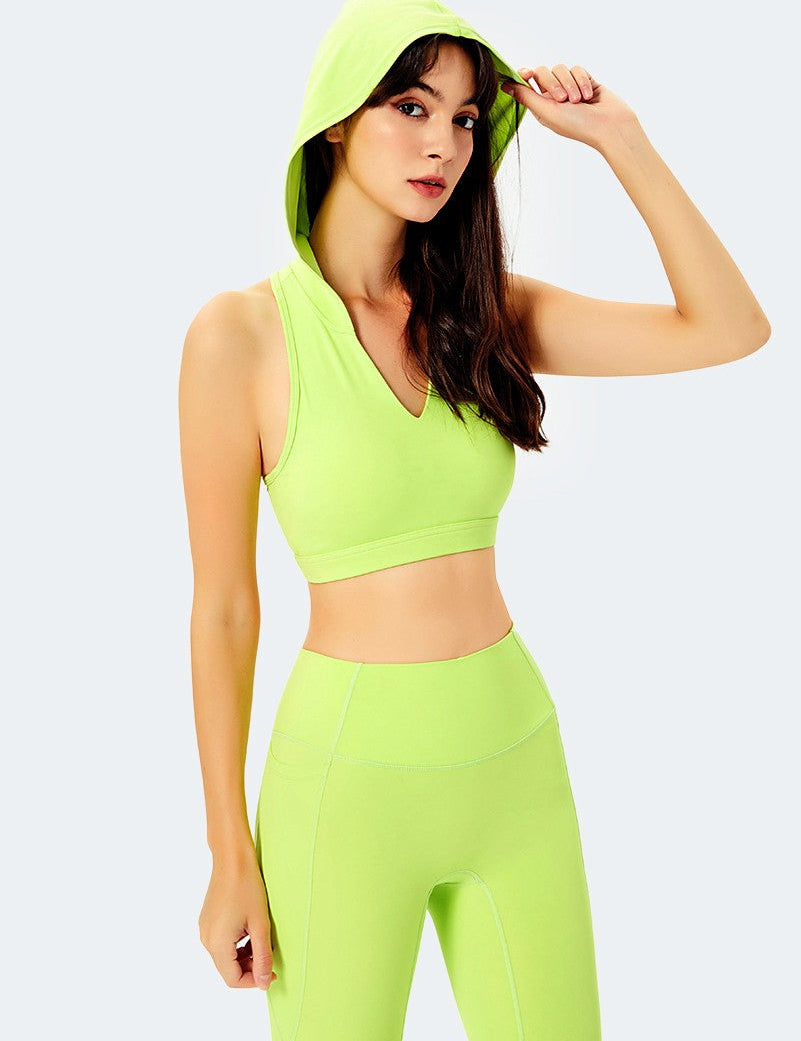 Deep V-Neck Hooded Sports Bra Tops by bornfocus