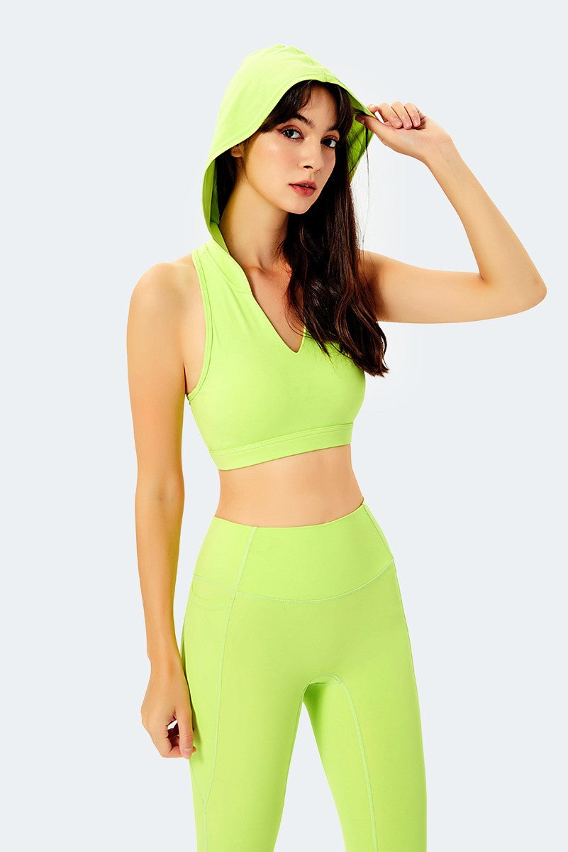 Deep V-Neck Hooded Sports Bra Tops by bornfocus