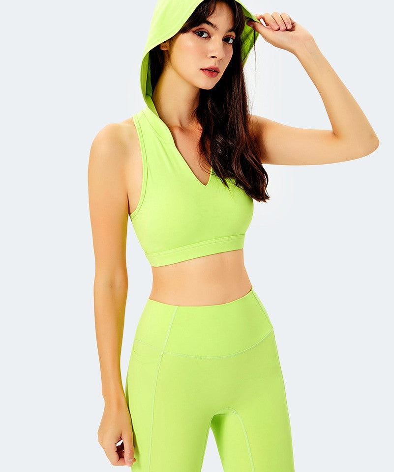 Deep V-Neck Hooded Sports Bra Tops by bornfocus