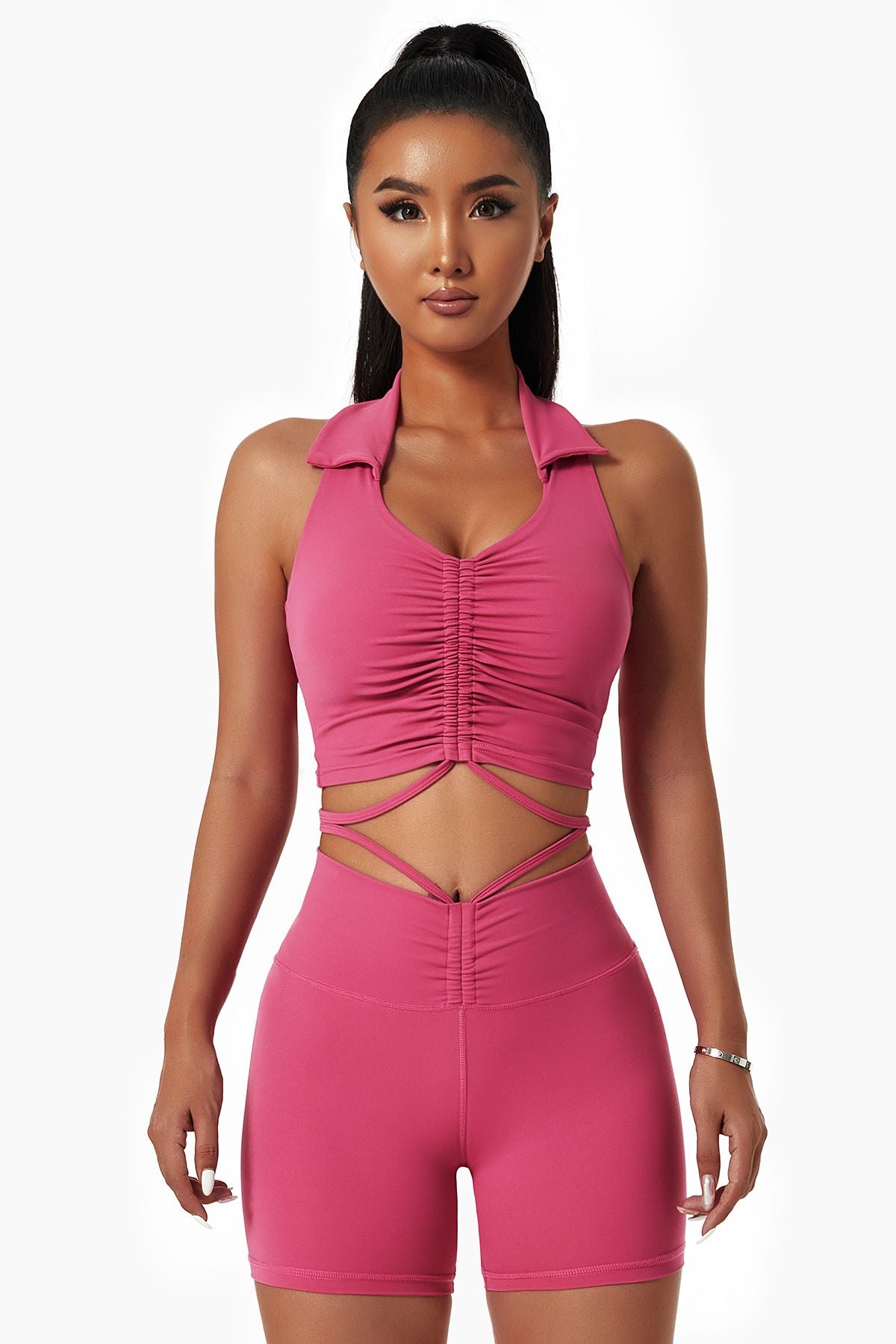 Lapel Ruched Front Tank Tops Built In Bra by bornfocus