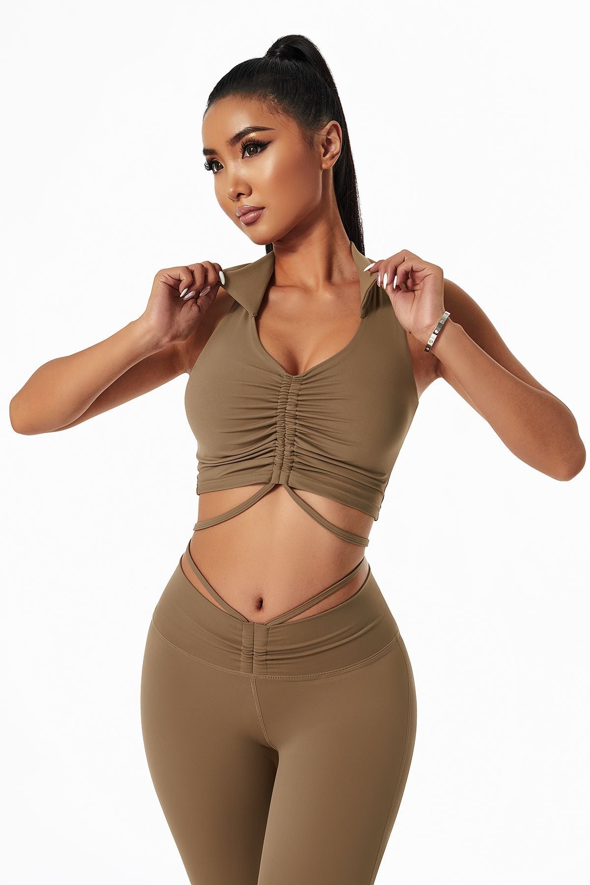 Lapel Ruched Front Tank Tops Built In Bra by bornfocus