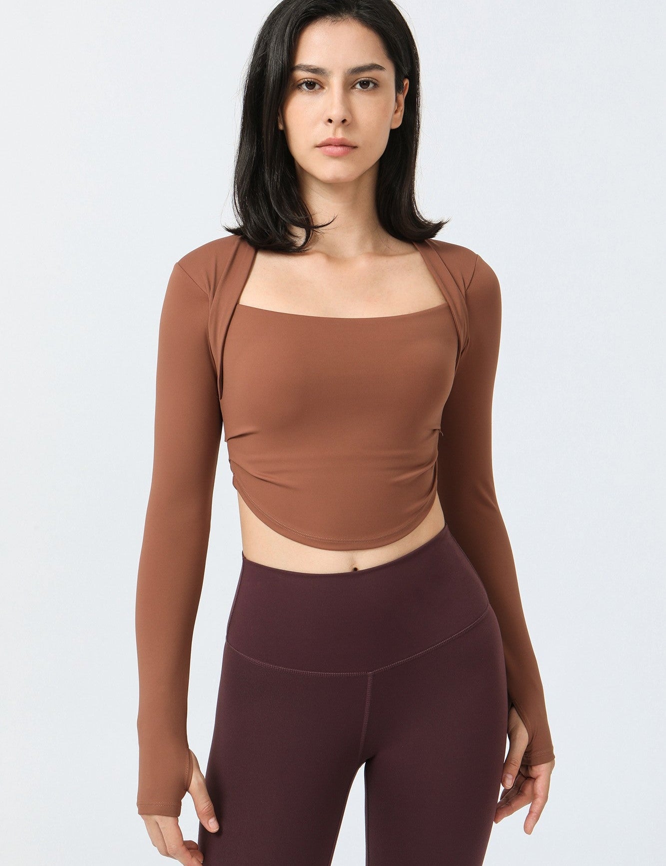 Fake Two-Piece Long Sleeves Crop Sports Top by bornfocus