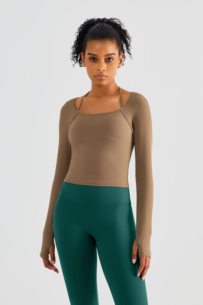 Rib Knit Halter Neck Long Sleeve Top by bornfocus