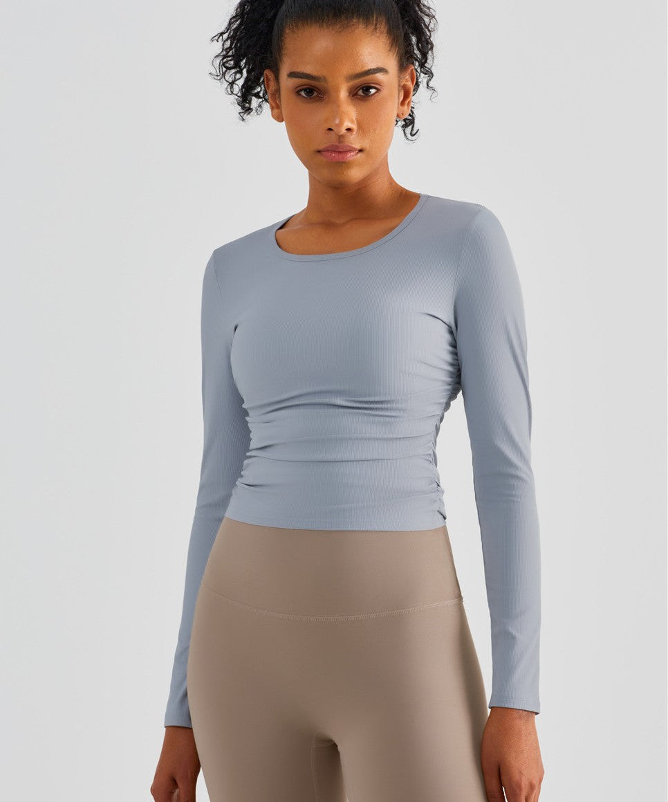 Rib Knit Side Ruched Long Sleeve Top by bornfocus