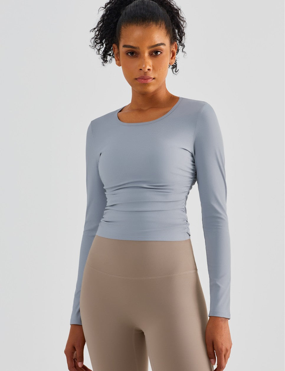 Rib Knit Side Ruched Long Sleeve Top by bornfocus