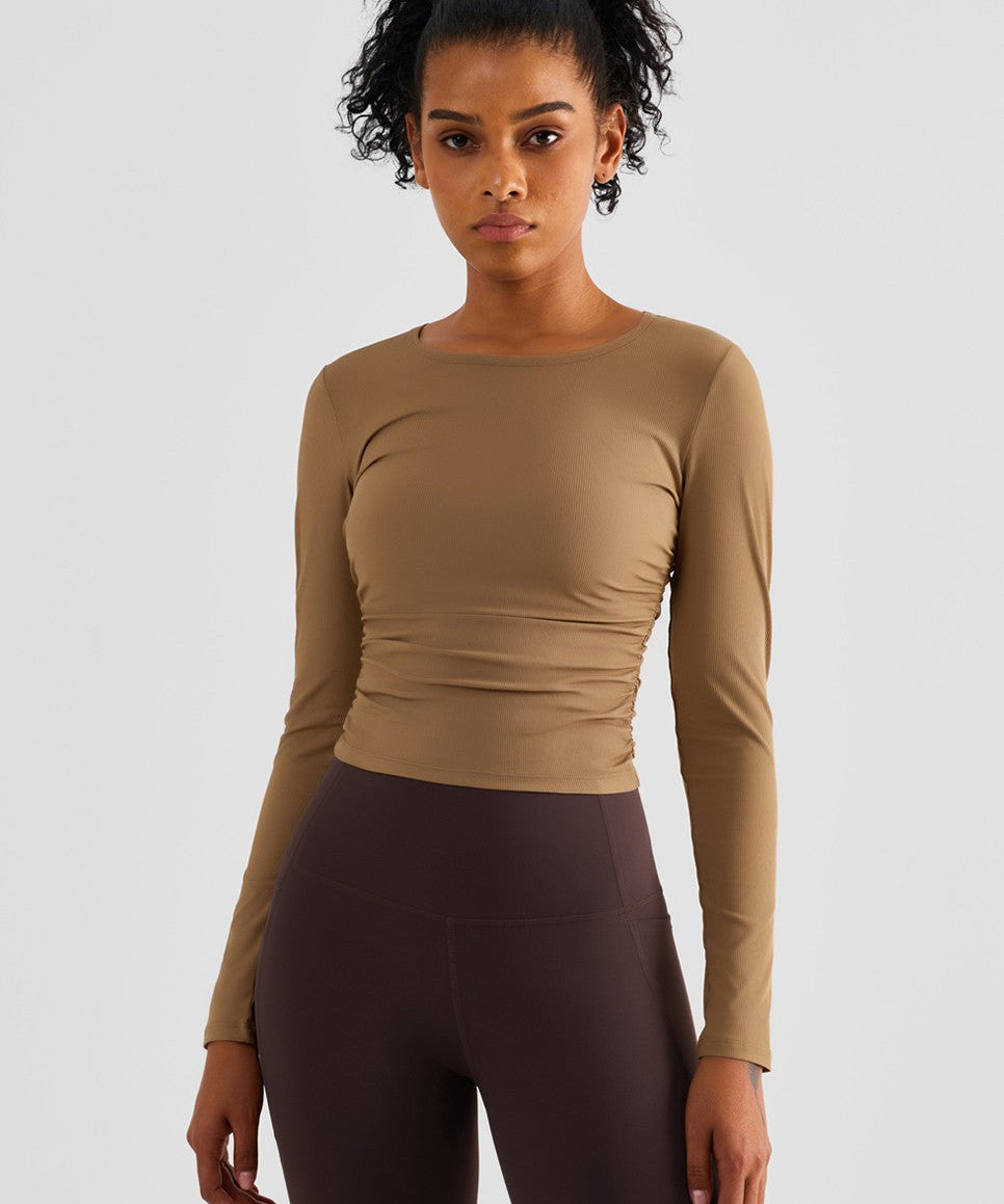 Rib Knit Side Ruched Long Sleeve Top by bornfocus