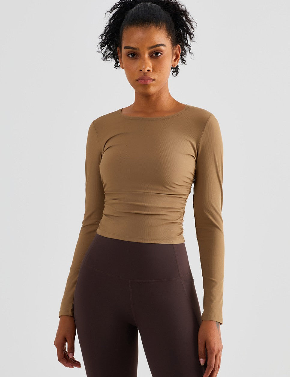 Rib Knit Side Ruched Long Sleeve Top by bornfocus