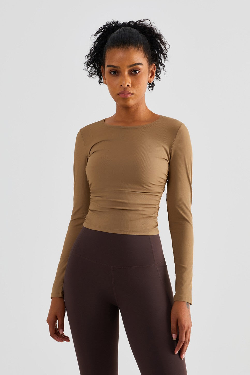 Rib Knit Side Ruched Long Sleeve Top by bornfocus