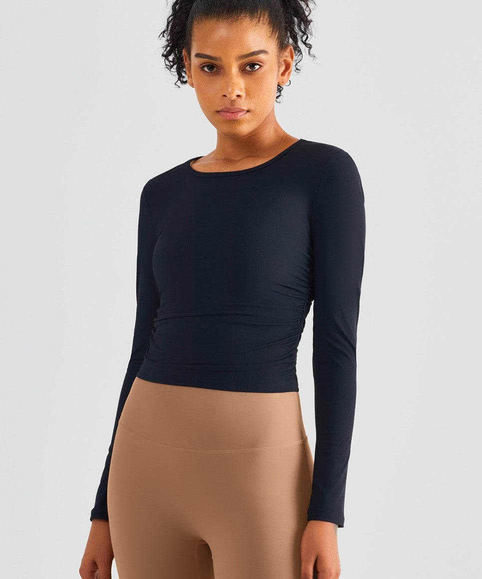 Rib Knit Side Ruched Long Sleeve Top by bornfocus