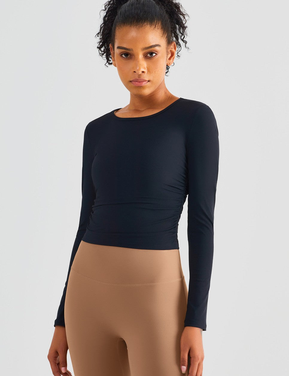 Rib Knit Side Ruched Long Sleeve Top by bornfocus