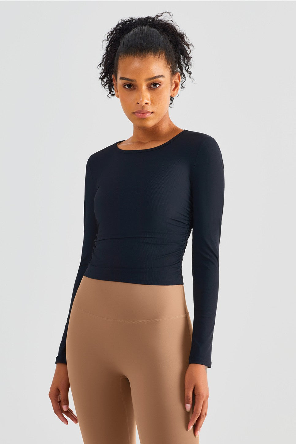 Rib Knit Side Ruched Long Sleeve Top by bornfocus