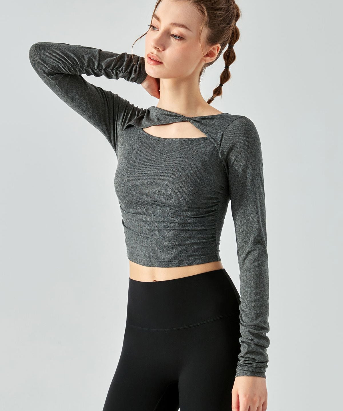 Ribbed Knit Long Sleeve Cutout Front Tops by bornfocus