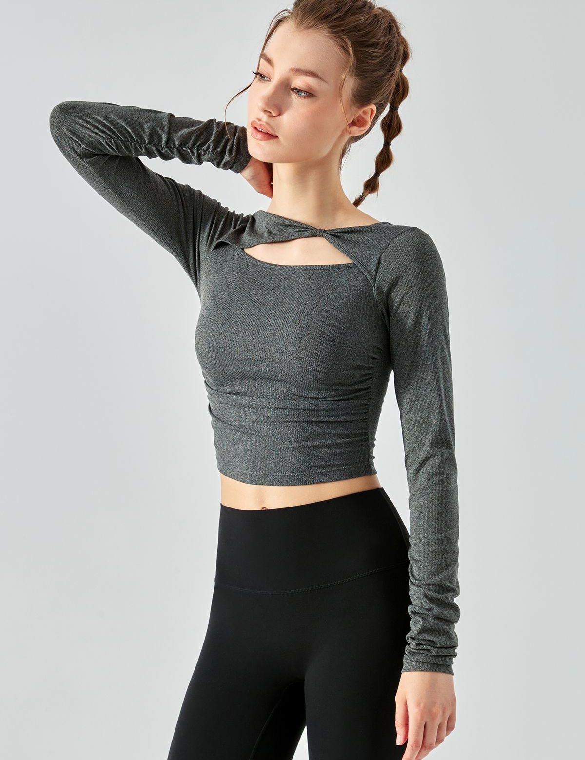 Ribbed Knit Long Sleeve Cutout Front Tops by bornfocus