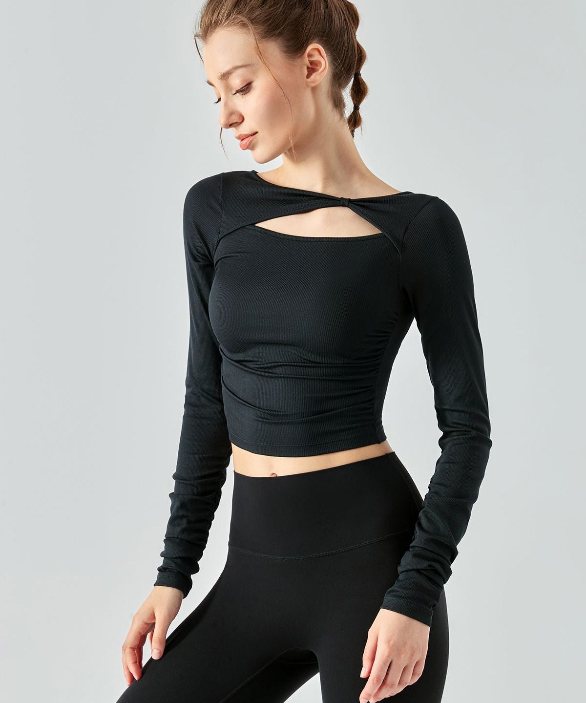 Ribbed Knit Long Sleeve Cutout Front Tops by bornfocus