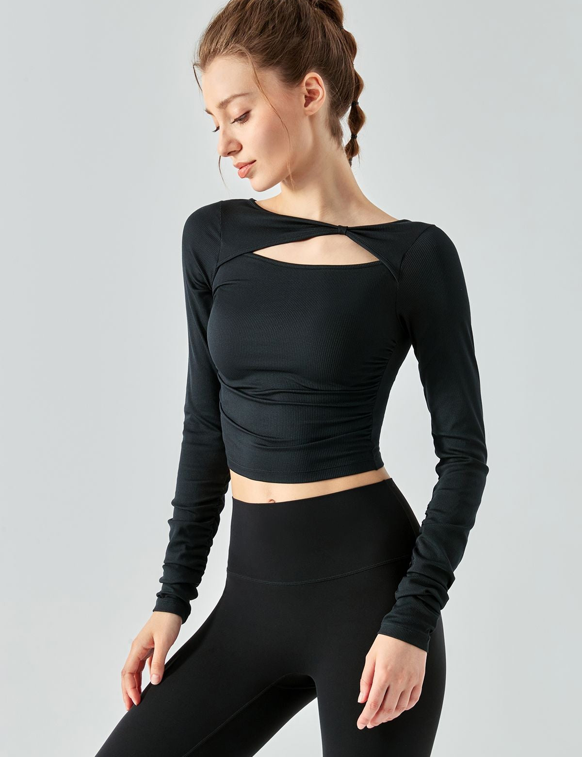 Ribbed Knit Long Sleeve Cutout Front Tops by bornfocus