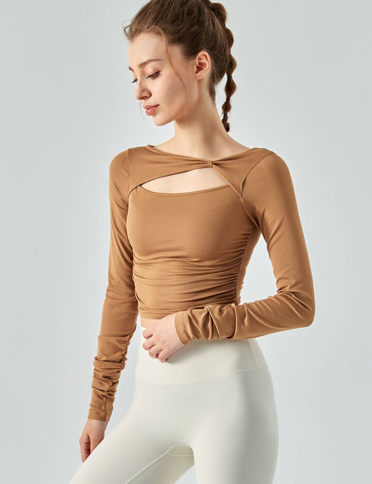 Ribbed Knit Long Sleeve Cutout Front Tops by bornfocus