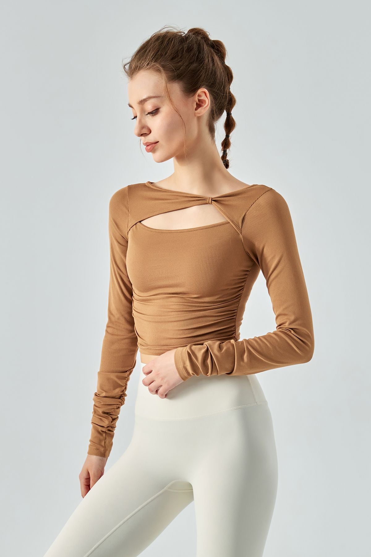 Ribbed Knit Long Sleeve Cutout Front Tops by bornfocus