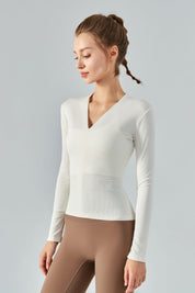 Rib Knit V-Neck Long Sleeve Tops by bornfocus