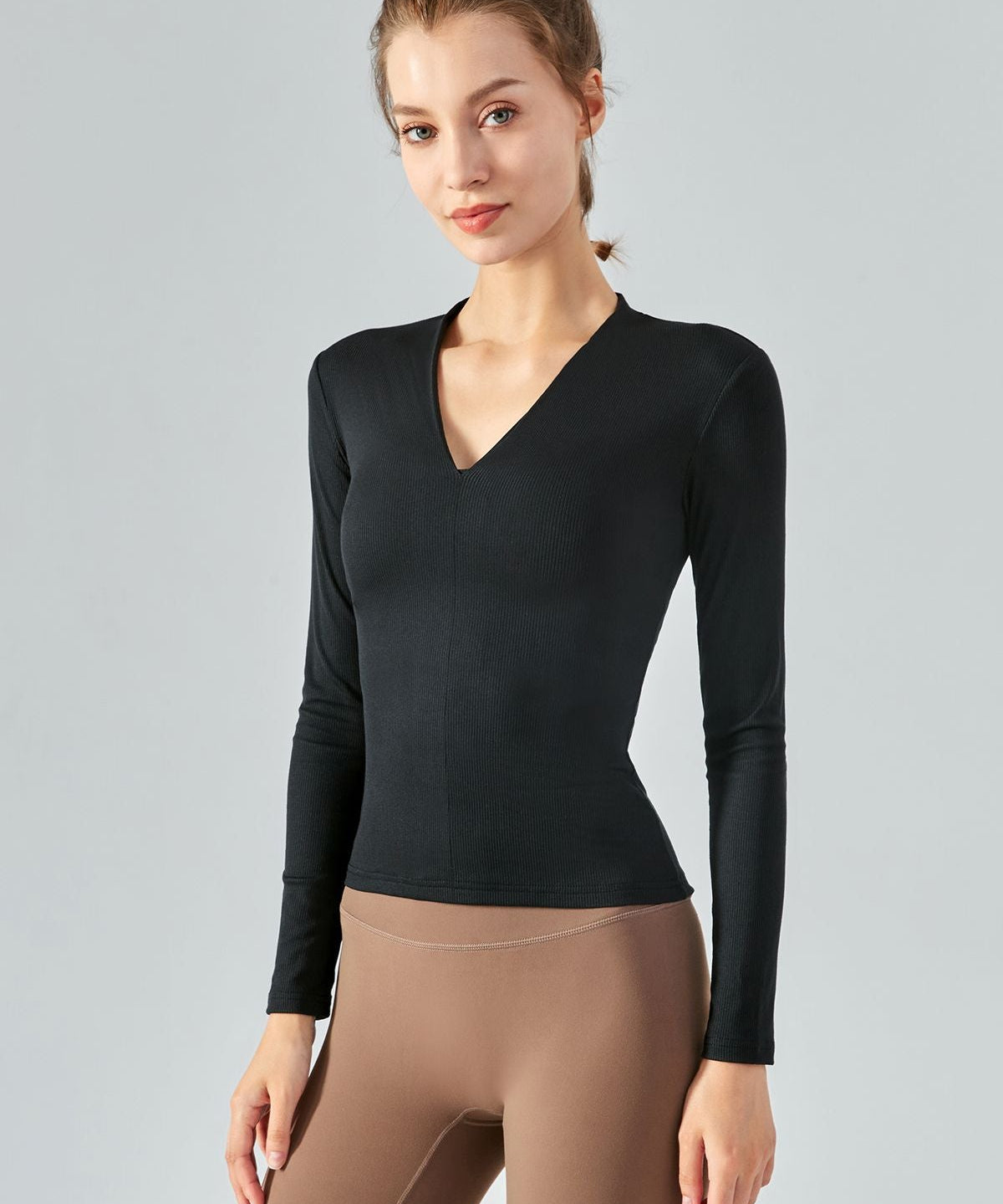 Rib Knit V-Neck Long Sleeve Tops by bornfocus