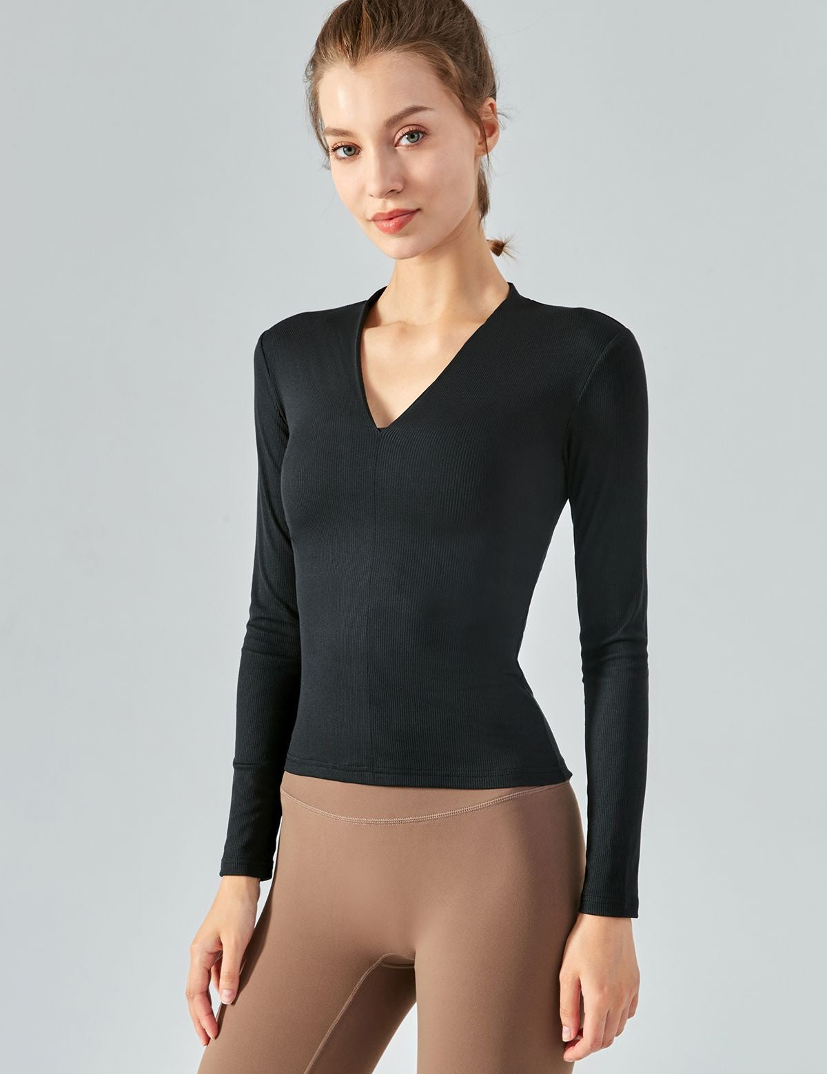 Rib Knit V-Neck Long Sleeve Tops by bornfocus