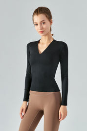 Rib Knit V-Neck Long Sleeve Tops by bornfocus