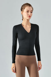 Rib Knit V-Neck Long Sleeve Tops by bornfocus