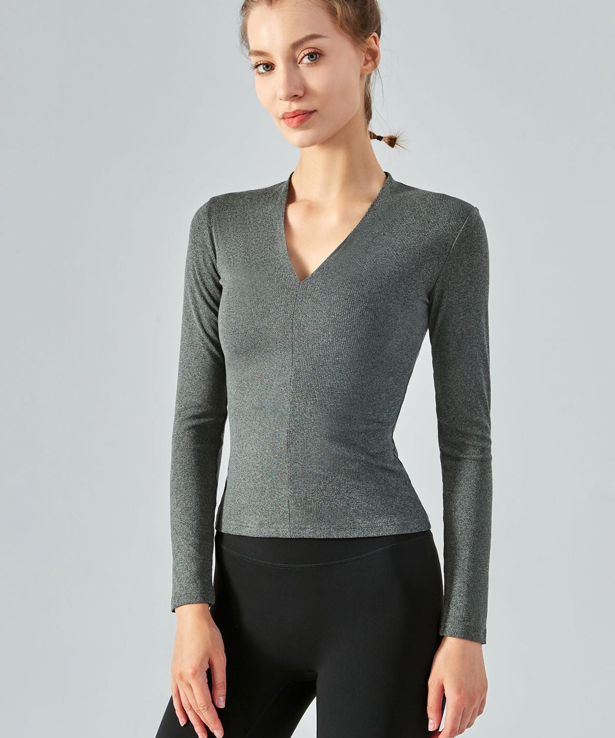 Rib Knit V-Neck Long Sleeve Tops by bornfocus