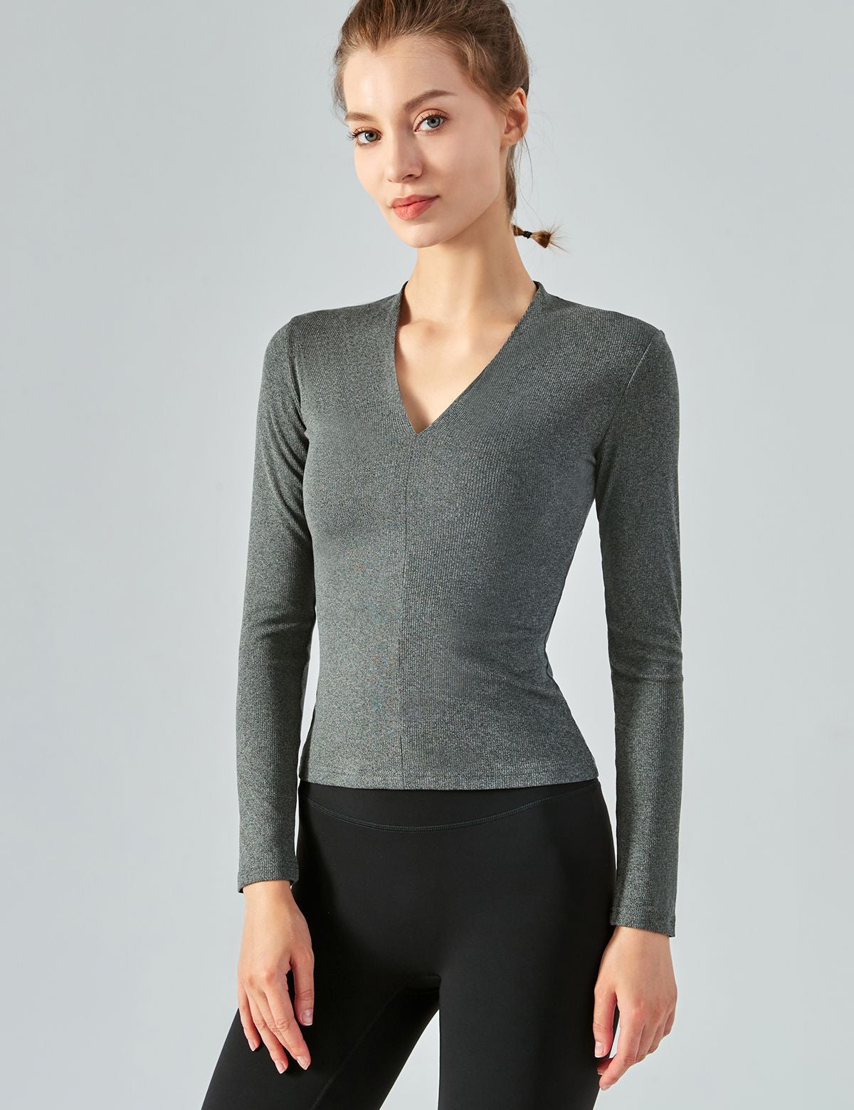 Rib Knit V-Neck Long Sleeve Tops by bornfocus