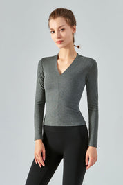 Rib Knit V-Neck Long Sleeve Tops by bornfocus