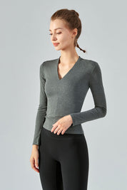 Rib Knit V-Neck Long Sleeve Tops by bornfocus