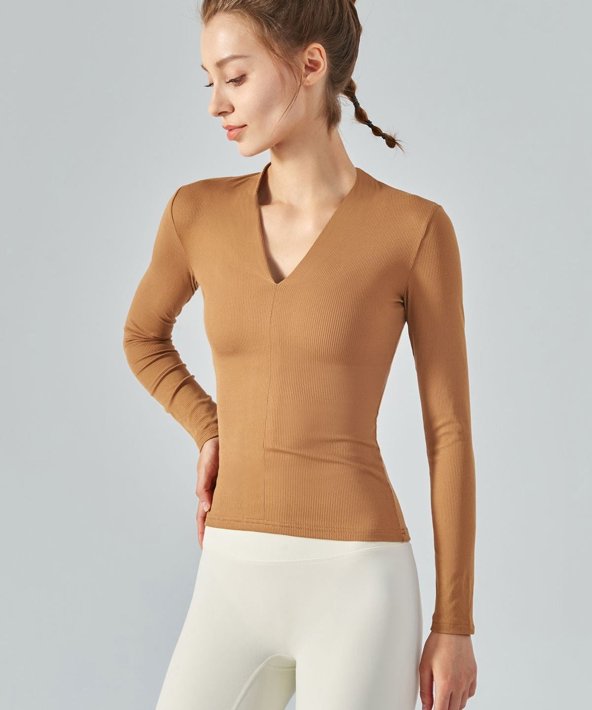 Rib Knit V-Neck Long Sleeve Tops by bornfocus