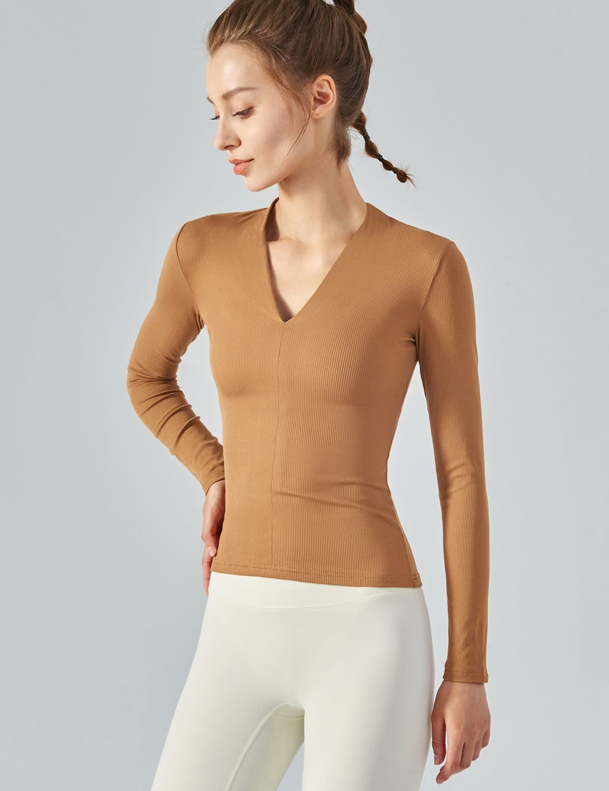 Rib Knit V-Neck Long Sleeve Tops by bornfocus