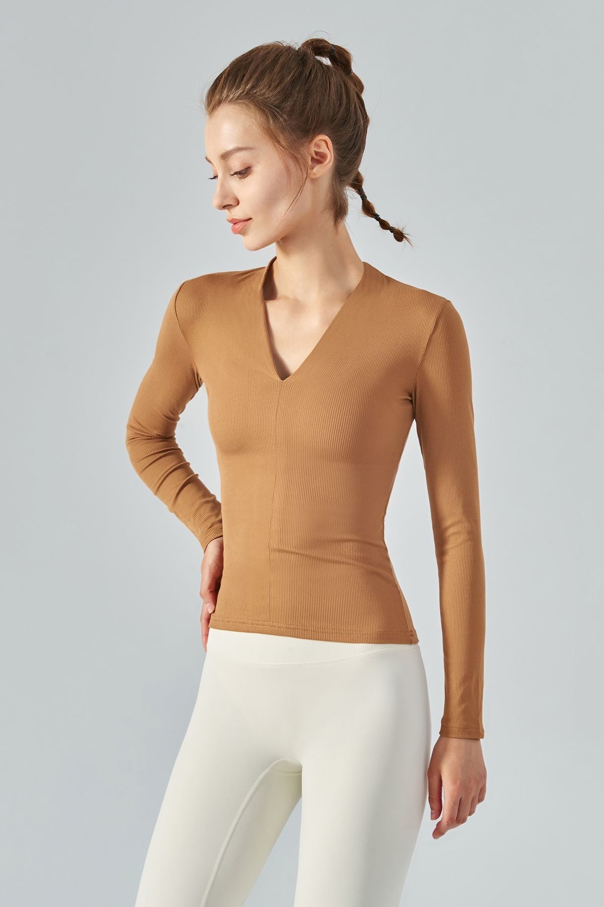 Rib Knit V-Neck Long Sleeve Tops by bornfocus