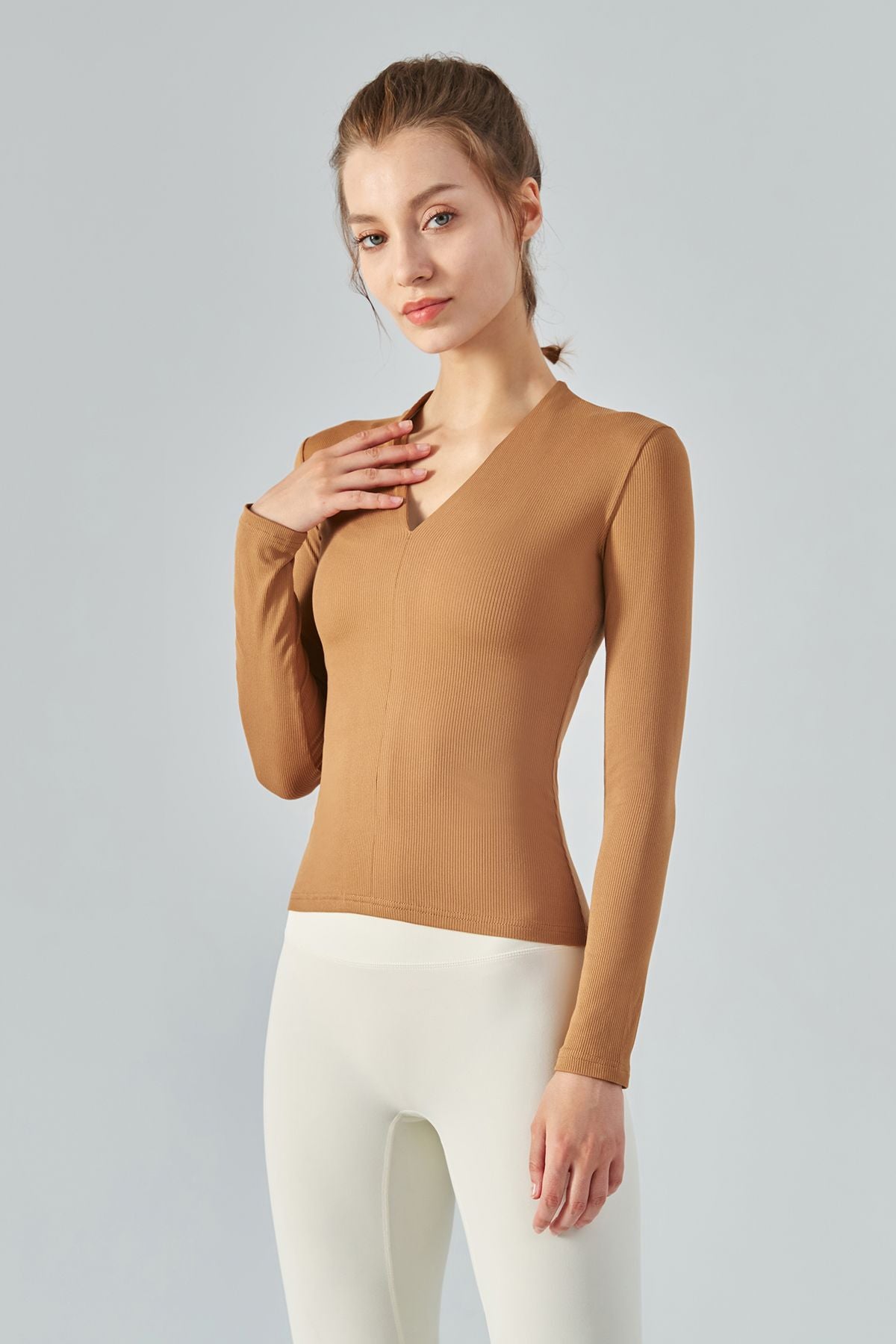 Rib Knit V-Neck Long Sleeve Tops by bornfocus