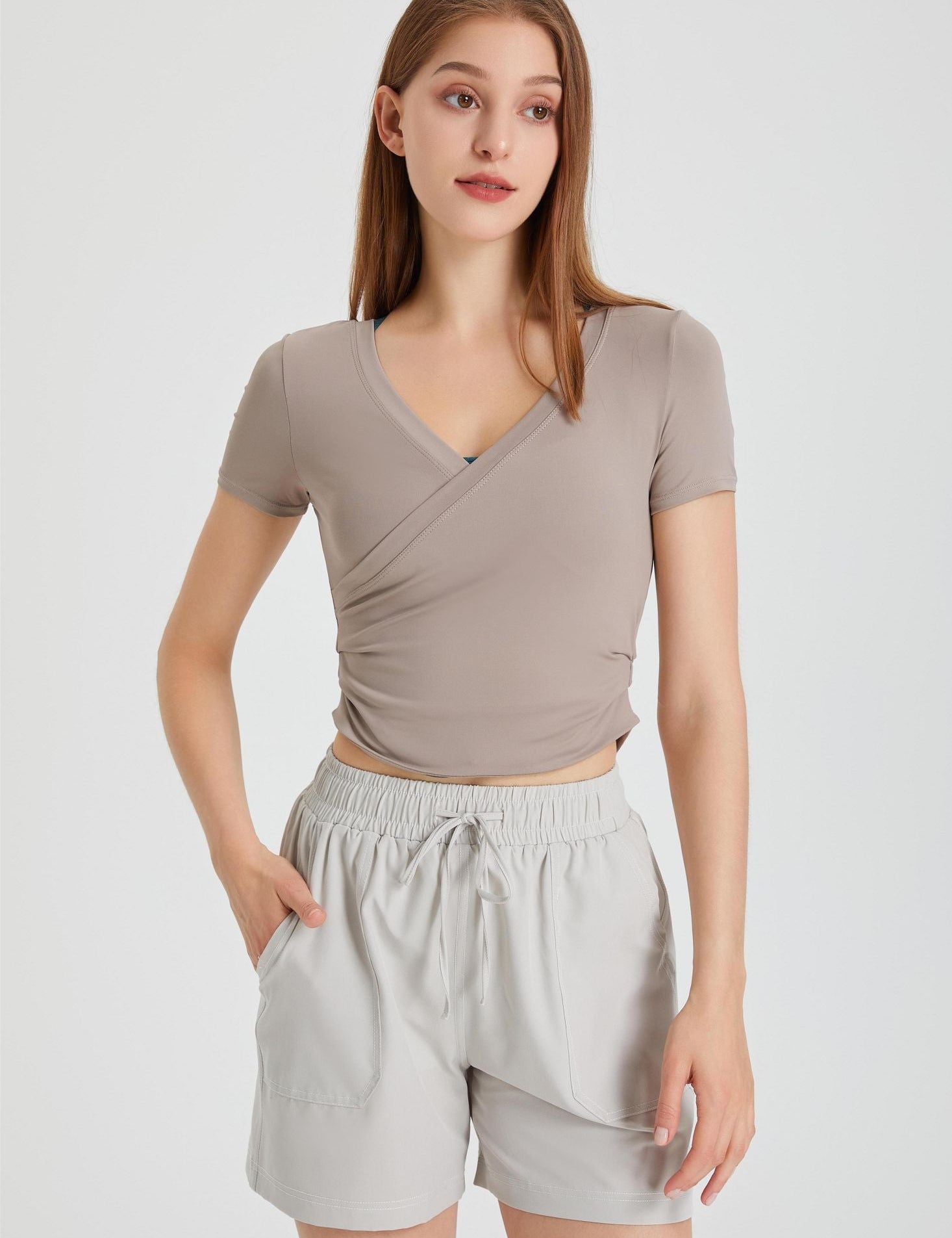 V-Neck Wrap Short-Sleeved T-Shirt by bornfocus