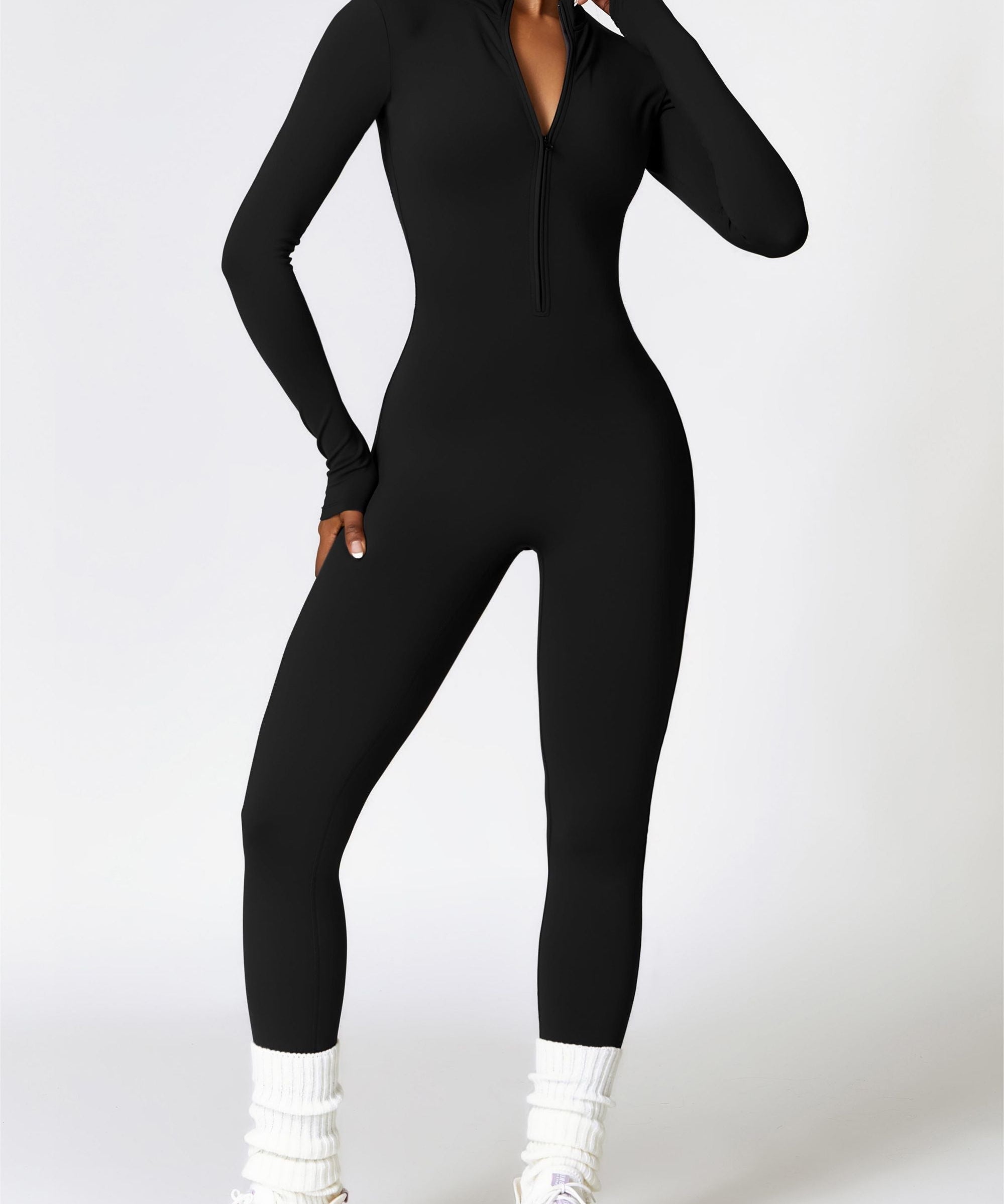 Fleece-Lined Half-Zip Active Jumpsuit by bornfocus