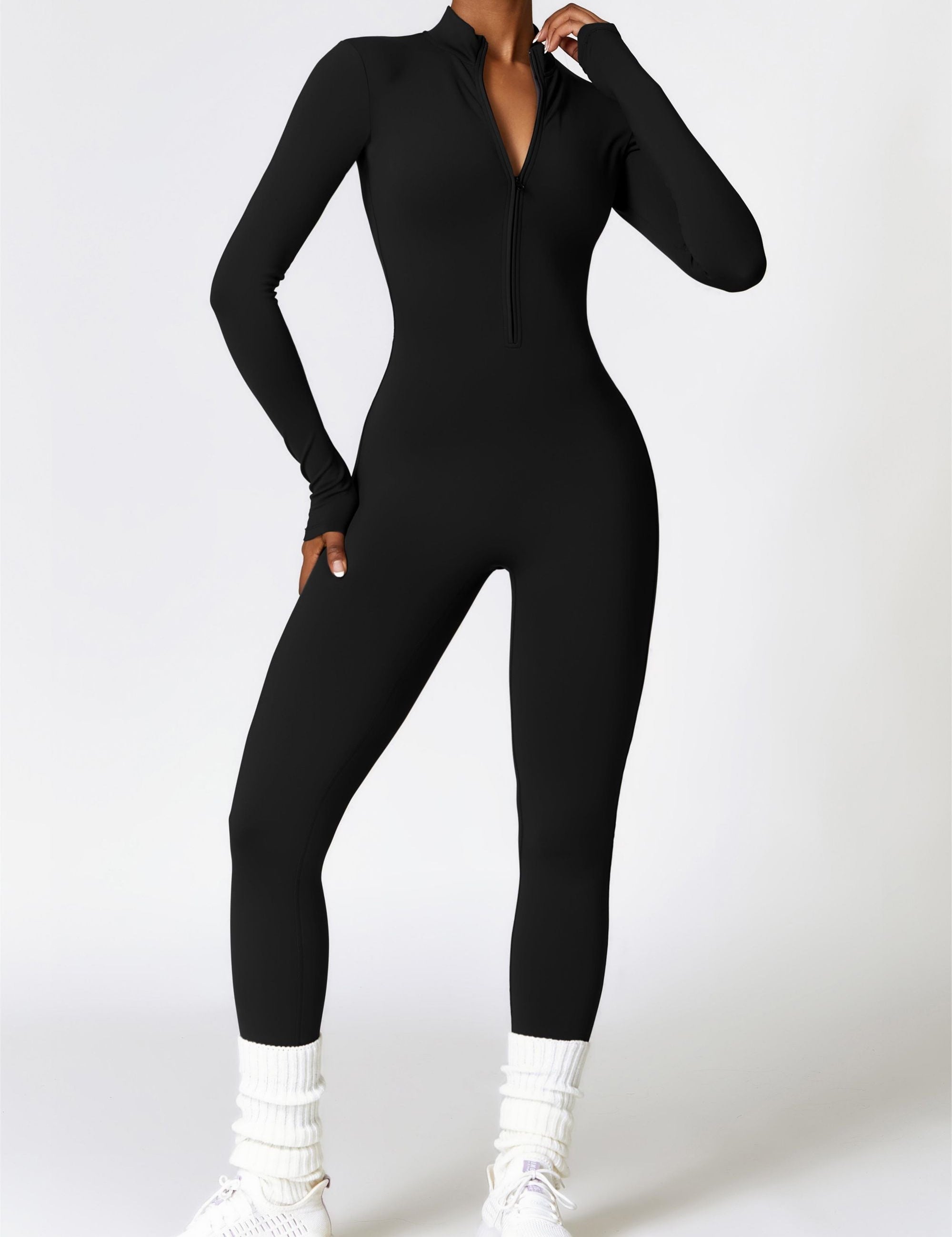 Fleece-Lined Half-Zip Active Jumpsuit by bornfocus