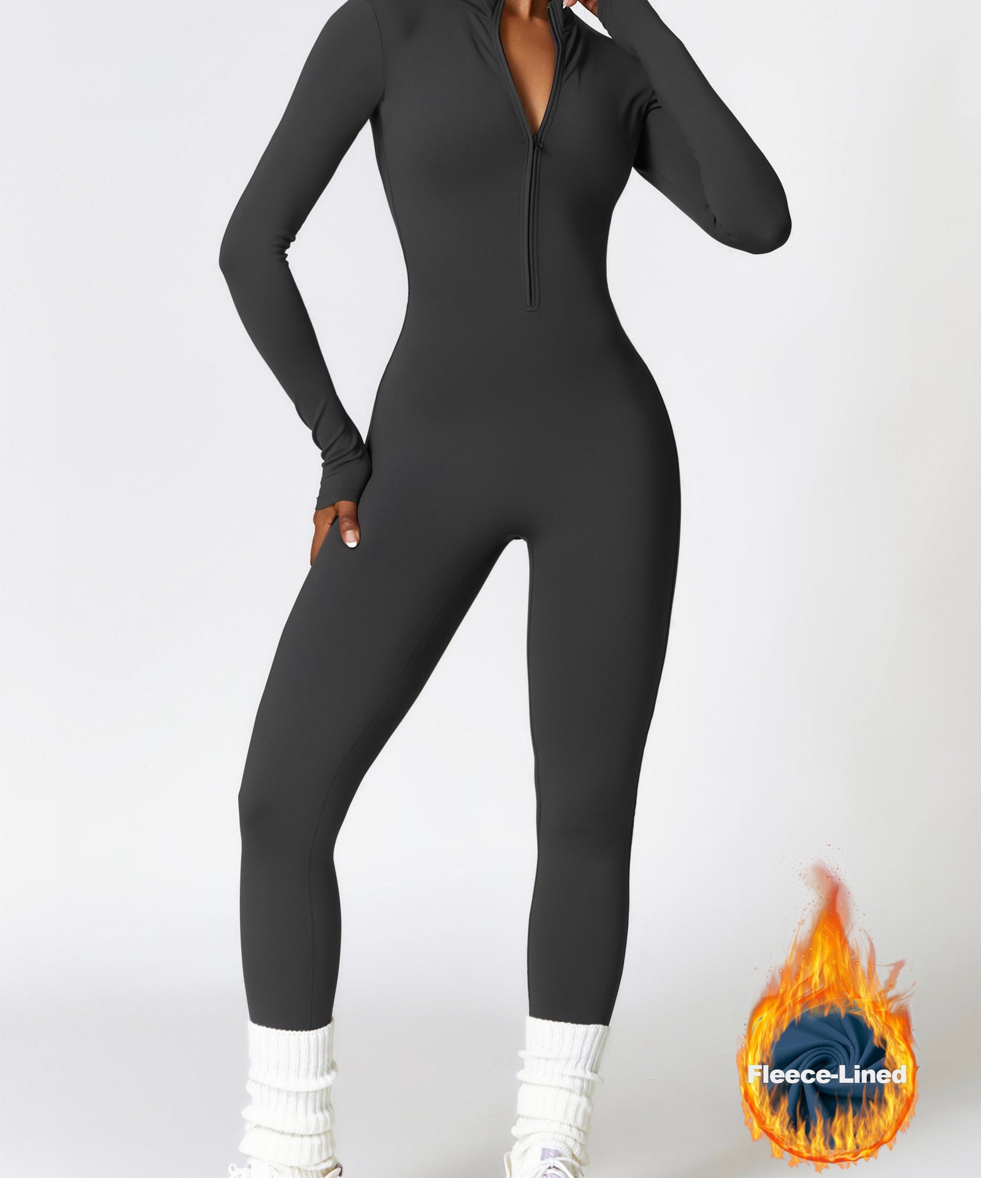 Fleece-Lined Half-Zip Active Jumpsuit by bornfocus