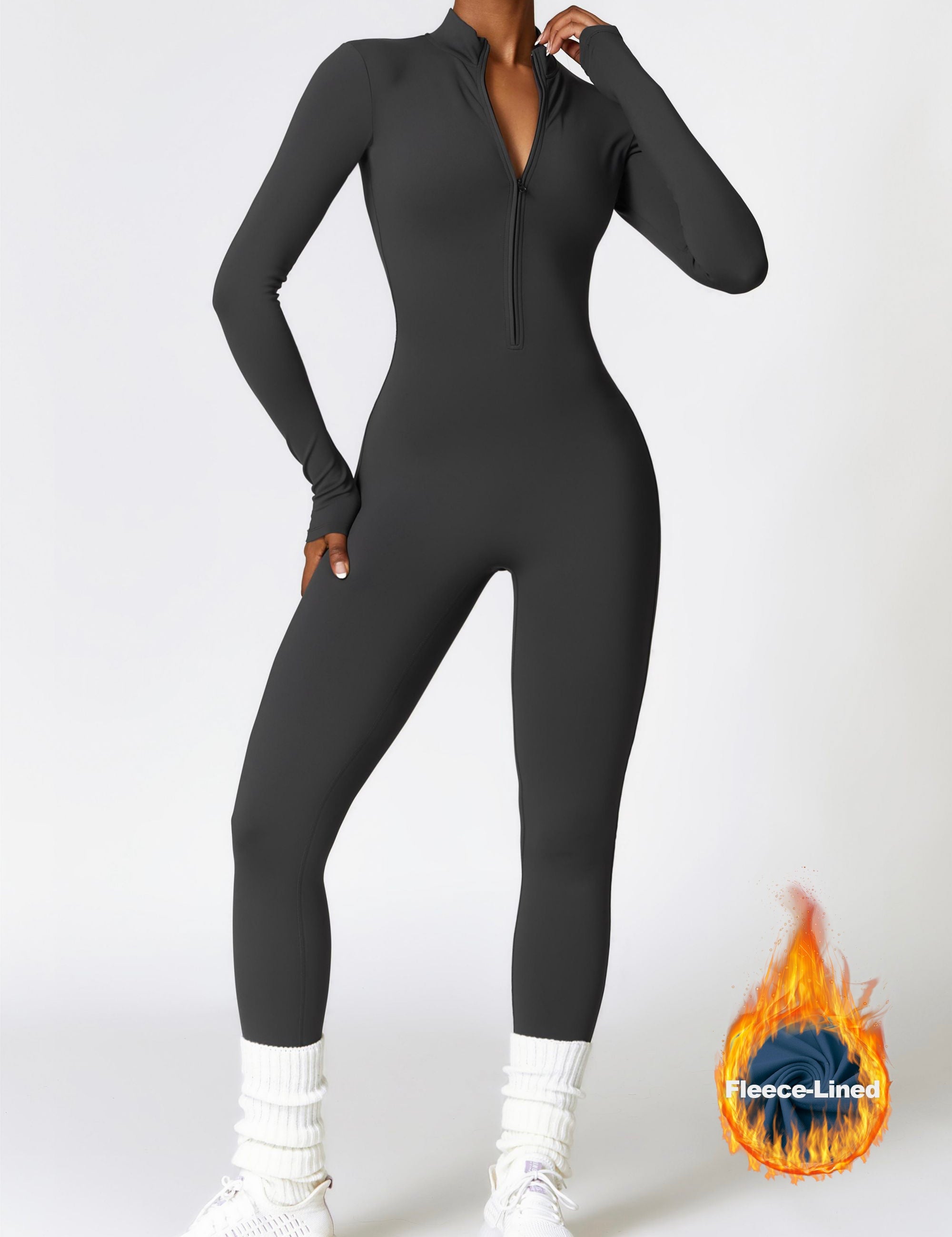 Fleece-Lined Half-Zip Active Jumpsuit by bornfocus