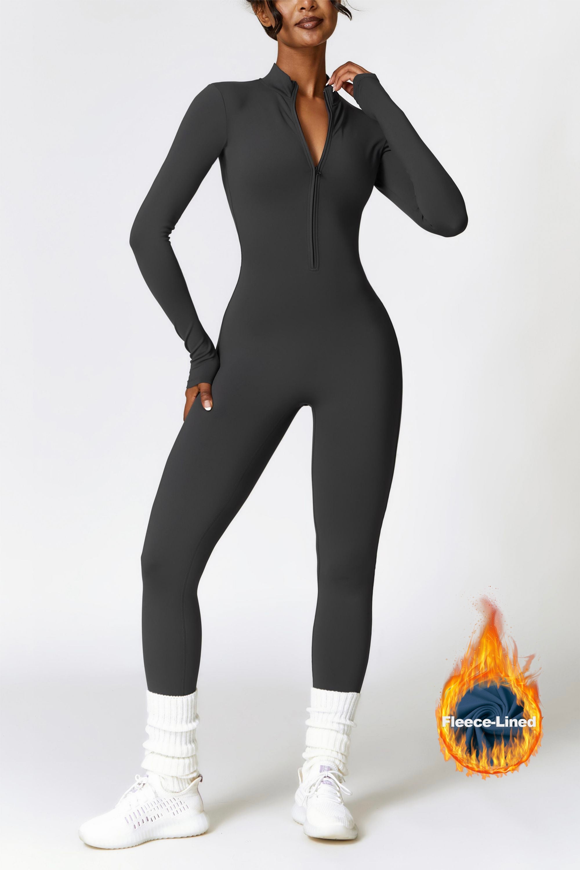 Fleece-Lined Half-Zip Active Jumpsuit by bornfocus