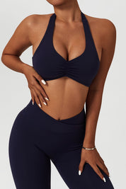 Front Ruched Halter Backless Sports Bra by bornfocus