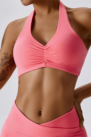 Front Ruched Halter Backless Sports Bra by bornfocus