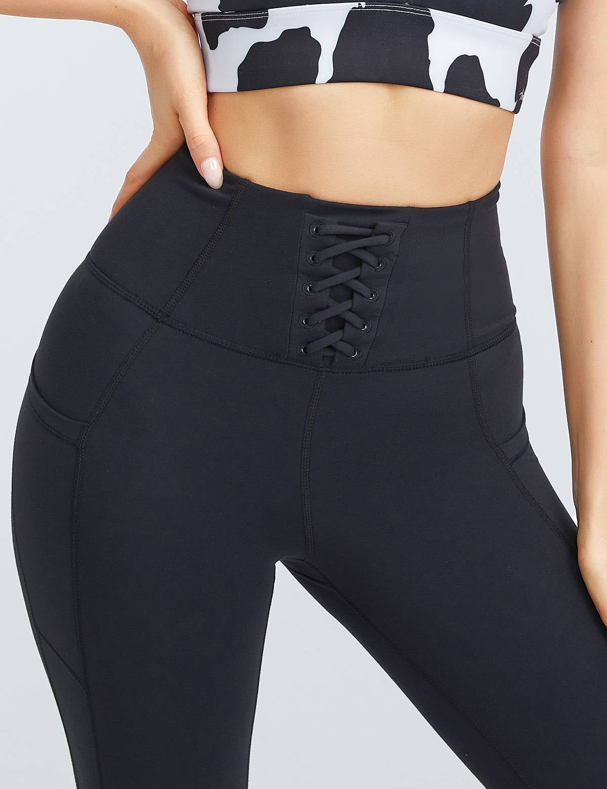 High Rise Lace-Up Leggings With Pockets by bornfocus