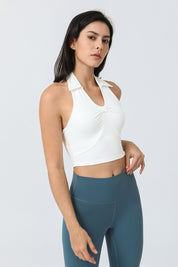 Lapel Front Ruched Halter Sports Bra by bornfocus