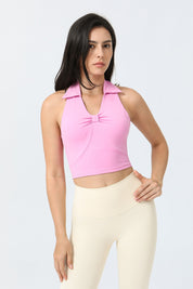 Lapel Front Ruched Halter Sports Bra by bornfocus