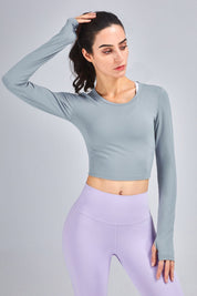 Long Sleeve Workout Crop Tops with Thumb Holes by bornfocus