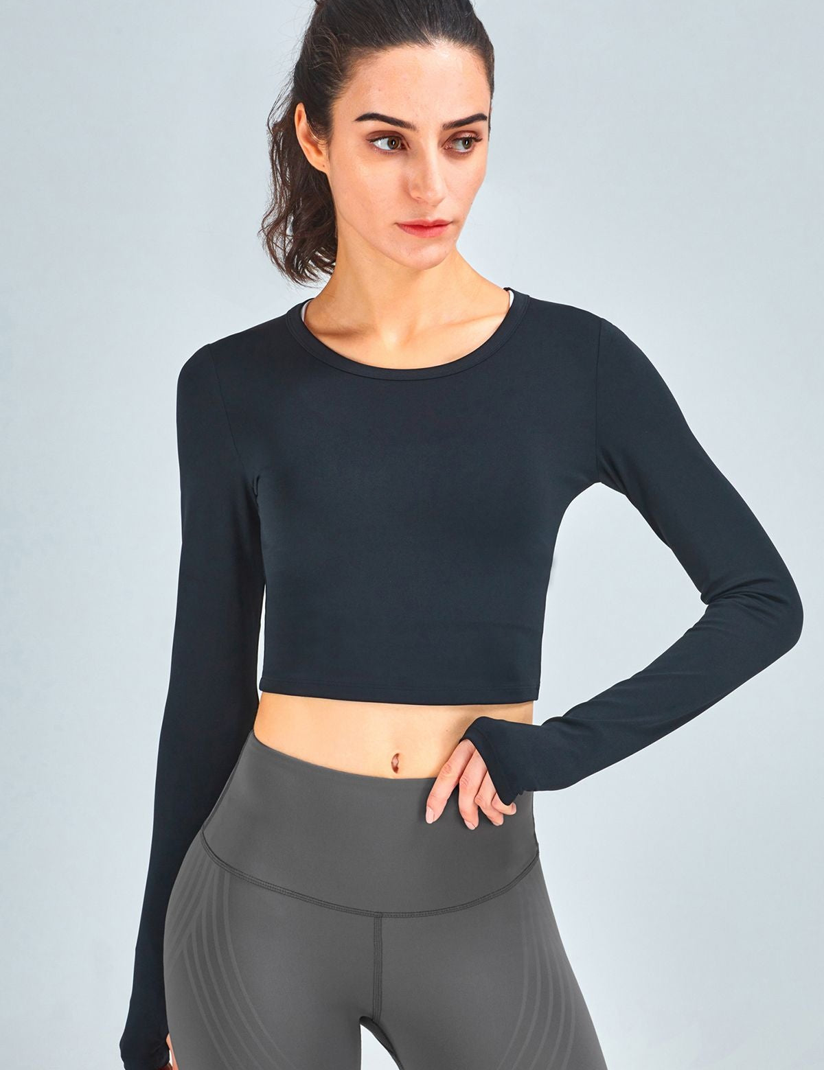 Long Sleeve Workout Crop Tops with Thumb Holes by bornfocus