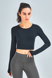 Long Sleeve Workout Crop Tops with Thumb Holes by bornfocus